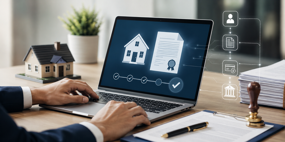 Online sale deed registration process with digital property documents, laptop, house model, and legal paperwork
